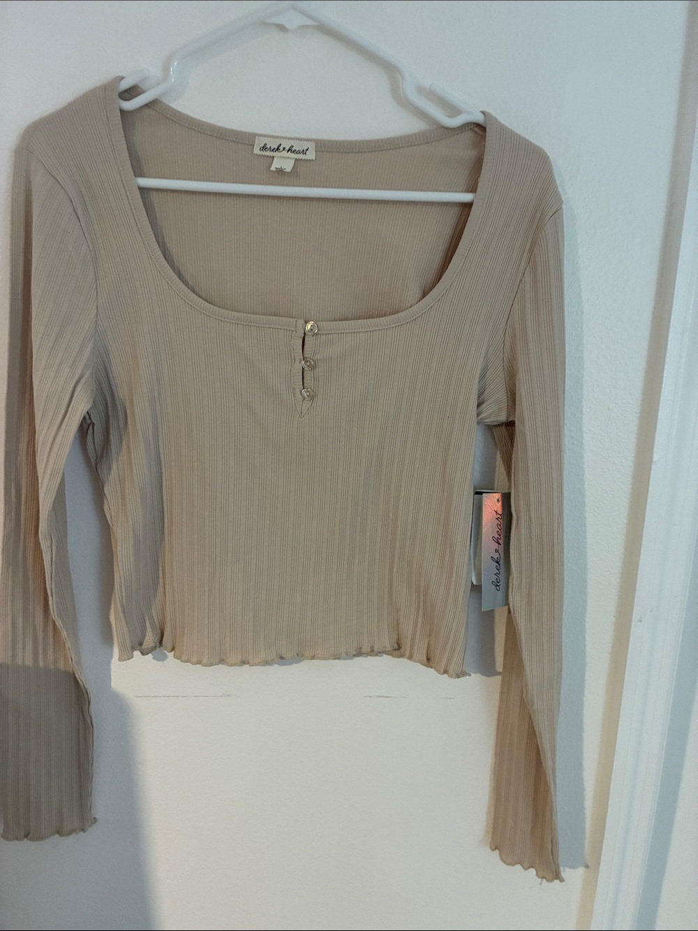Derek Heart Beige Ribbed Scoop Henley Long Sleeve Crop Top